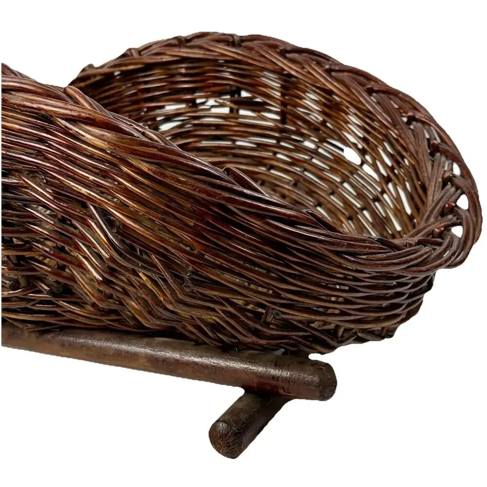 Large Rustic Wicker Harvest Basket Wood Base Fire Log Holder Blanket Storage